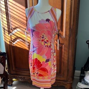 Hale Bob Pink and Yellow Floral Sleveless Midi Dress, NWT, L